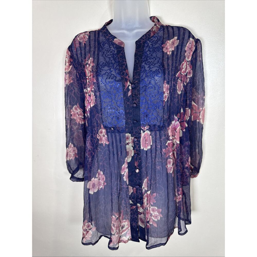 bellatrix Womens blouse Silk Floral Lace Boho Coquette L Sheer Ethereal Fairy